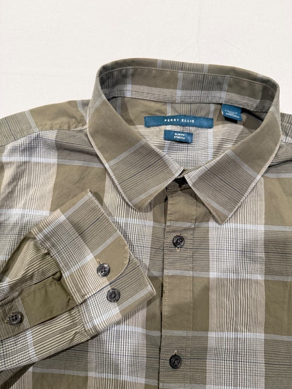 Perry Ellis Slim Fit Stretch Plaid Button Up Shirt Mens L Olive Long Sleeve
